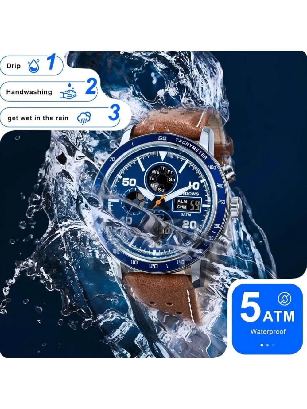 Men's Retro Brown Blue Digital Analog Multifunction Sport Casual Wrist Watch